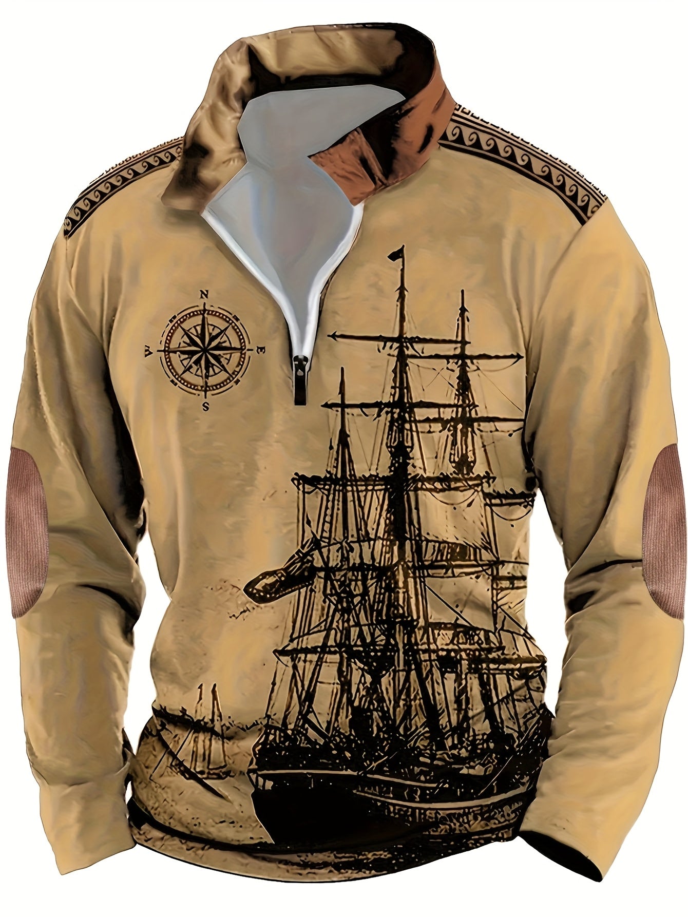 Autumn Distressed Style Sailboat Print Men'S Casual Comfortable Long-Sleeved Polo Shirt Inner Cloth