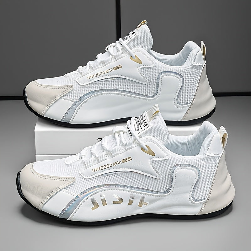 Zhenyuezu 's Low-Top Sneakers - White/Golden PU Upper, Beige/ Tread, Lace-Up Casual Shoes with Cushioned Insole & PVC Sole, Minimalist Beige & Golden Accent Design for Office, Semi-Formal Wear - Versatile s