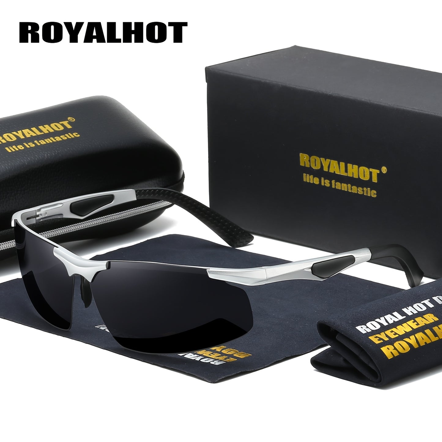 RoyalHot Men's Premium Aluminum Magnesium Polarized Fashion Glasses Driving Fashion Glasses with Golden Frame & Dark Tinted Lenses, Includes Case & Microfiber Cloth for Hiking Running Fishing, Outdoor Eyewear, Sleek Design, L