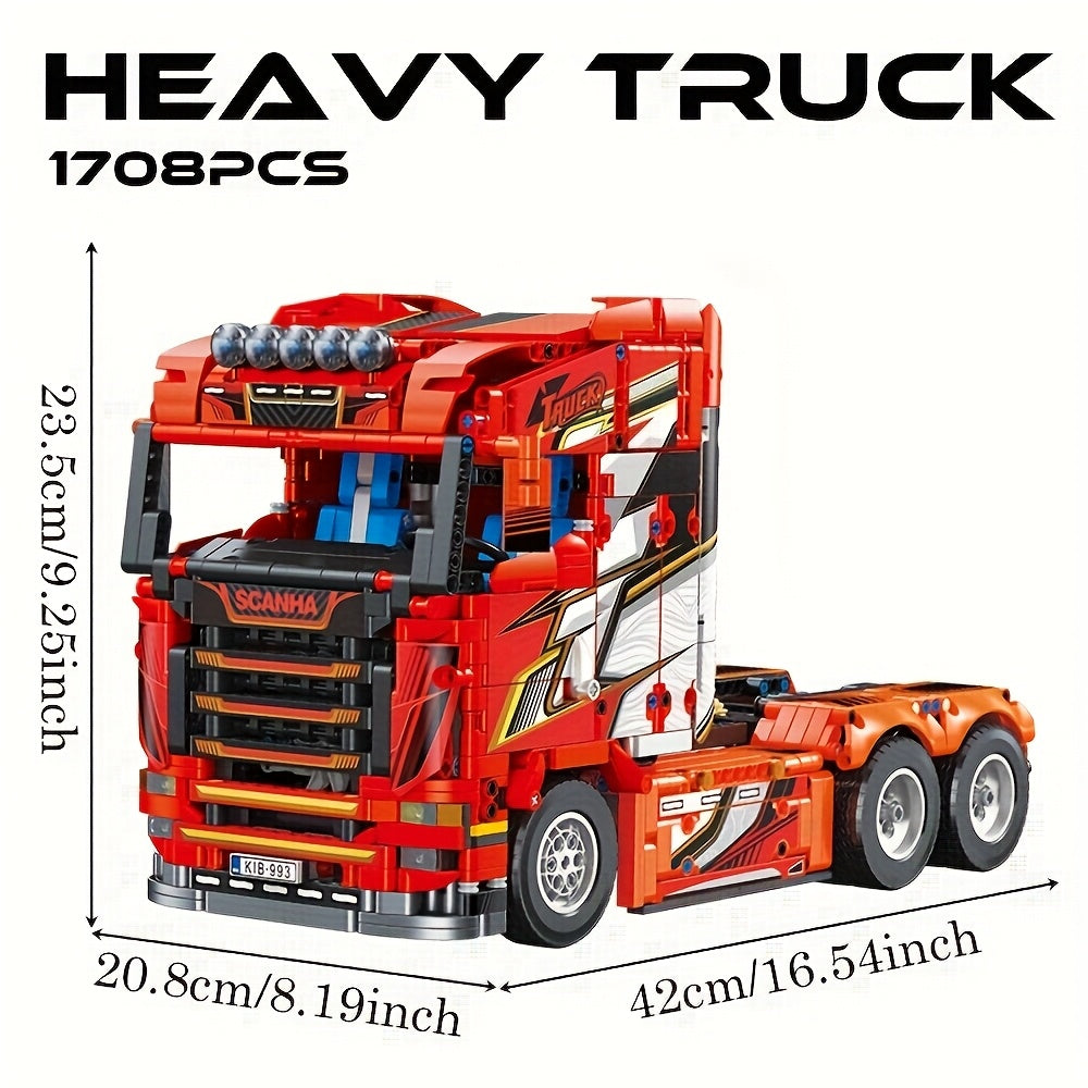 Large/Complex Red Heavy-Duty Truck Building Blocks Set - Realistic Tractor & Construction Vehicle Model Kit with Detailed Bricks, Challenging Assembly for &, Christmas/Birthday Gift for Home or Office Display