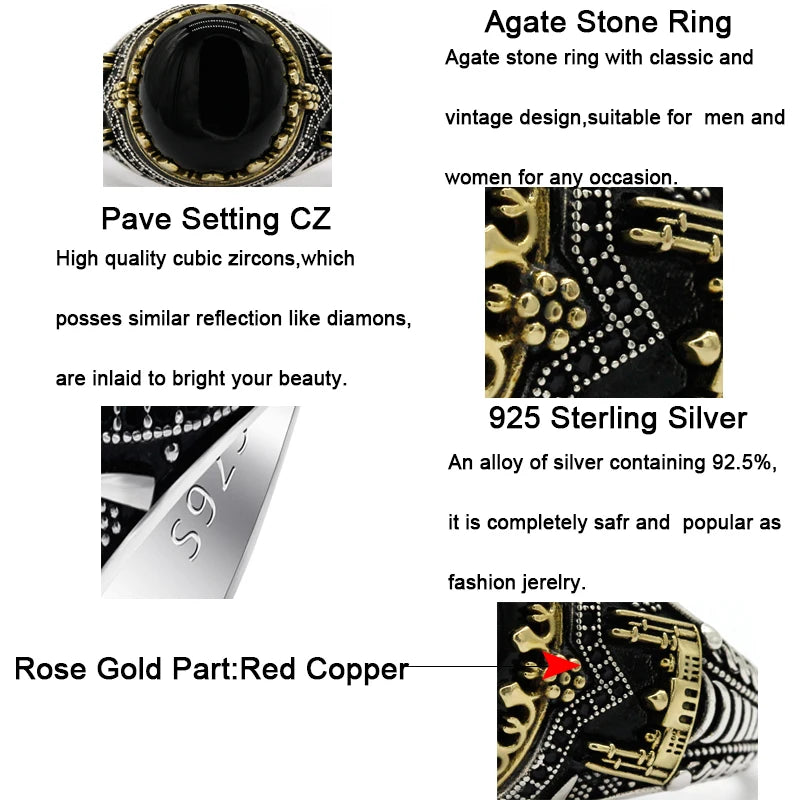 Black Natural Agate Stone Ring 925 Silver Men's Ring Castle Turkish Constantinople Auspicious Vintage Signet Ring Track Wedding