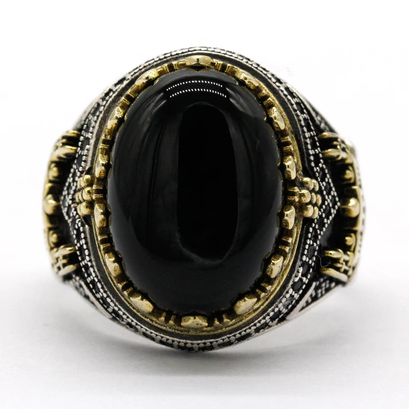 Black Natural Agate Stone Ring 925 Silver Men's Ring Castle Turkish Constantinople Auspicious Vintage Signet Ring Track Wedding
