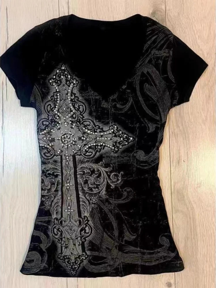 2025 Summer Y2k Harajuku Tshirts for Women V-neck Short Sleeve Tunic Camisetas Pink Print Tees Crop Tops Casual Chic Y2k T-shirt