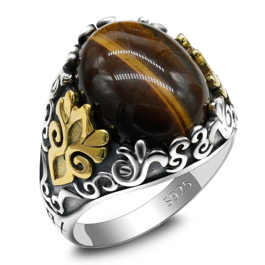 Handmade 925 Sterling Silver Mens Ring With Natural Tiger Eye Stone Oxidized Silver Ring Turkish men's Fashion Jewelry