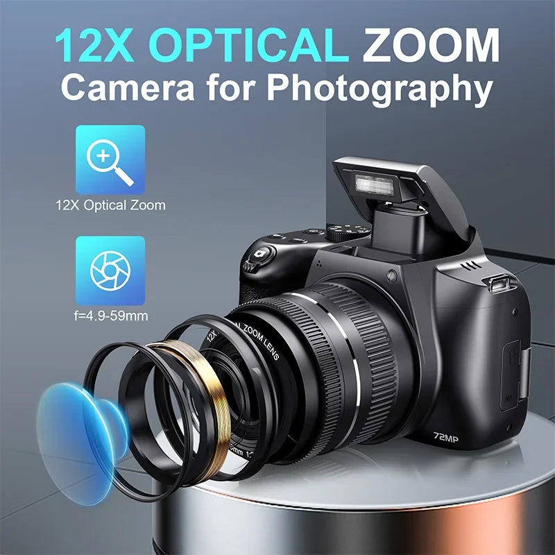 Digital Camera 4K 72MP 12X Optical Zoom UHD Professional Photography Flash Light Auto-Focus WIFI  for Tiktok Ins Youtube Webcast