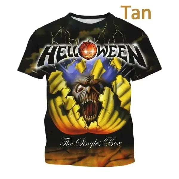 2024 Summer New Heavy Metal Rock Band Hellowen 3D Printed Street Fashion Extra Large Men's and Women's Round Neck T-shirt Y2K