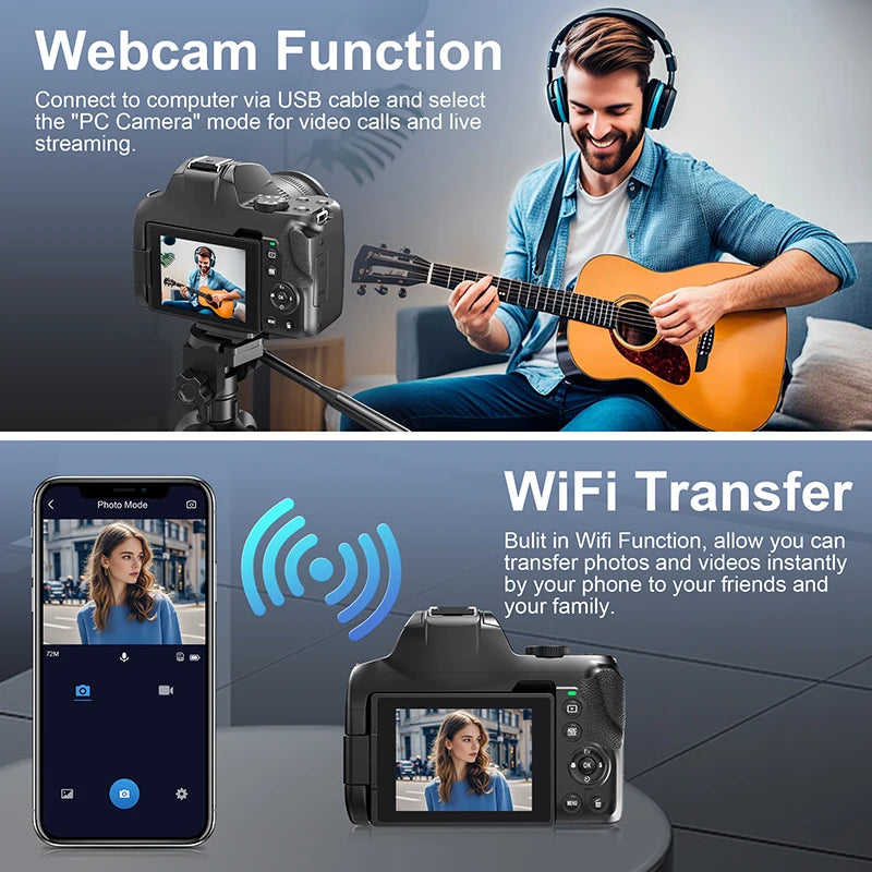 Digital Camera 4K 72MP 12X Optical Zoom UHD Professional Photography Flash Light Auto-Focus WIFI  for Tiktok Ins Youtube Webcast
