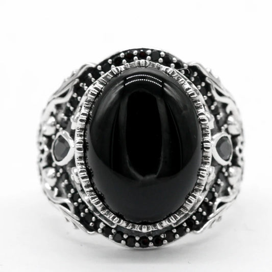 925 Sterling Silver Natural Black Onyx Men's Ring Vintage Turkish Punk Jewelry Trend Jewelry Set Couple Rings Women's Rings