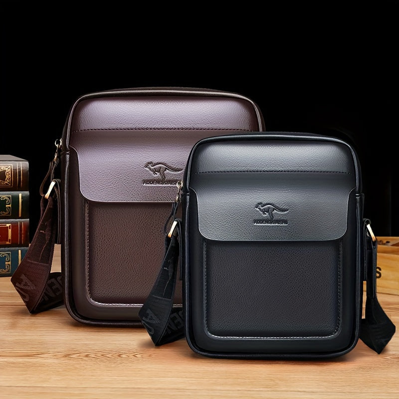 DOSHENG Men's Stylish Black Synthetic Leather Crossbody Bag - Adjustable Strap, Multi-Compartment Business Casual Satchel with Embossed Dinosaur Logo for Office Use, Versatile Crossbody Bag | Stylish Men's Accessory | Metalli