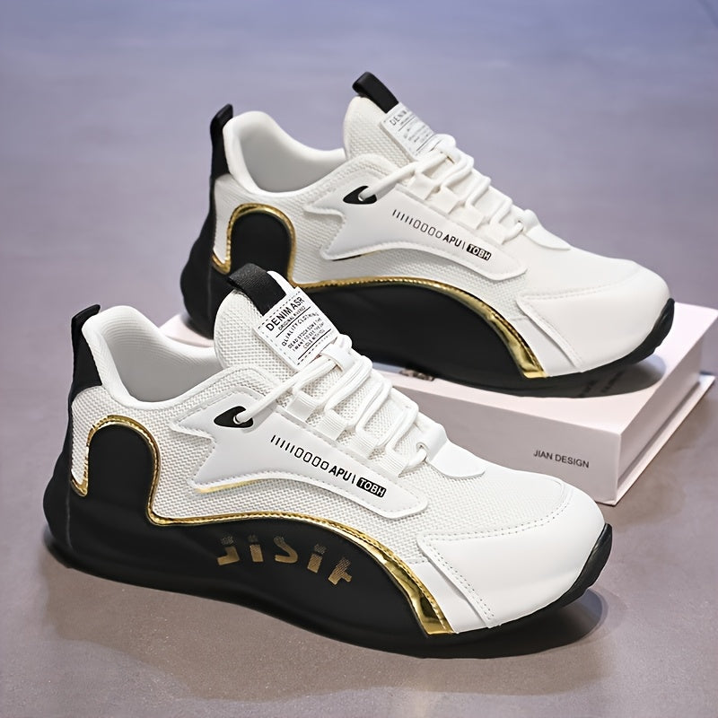 Zhenyuezu 's Low-Top Sneakers - White/Golden PU Upper, Beige/ Tread, Lace-Up Casual Shoes with Cushioned Insole & PVC Sole, Minimalist Beige & Golden Accent Design for Office, Semi-Formal Wear - Versatile s