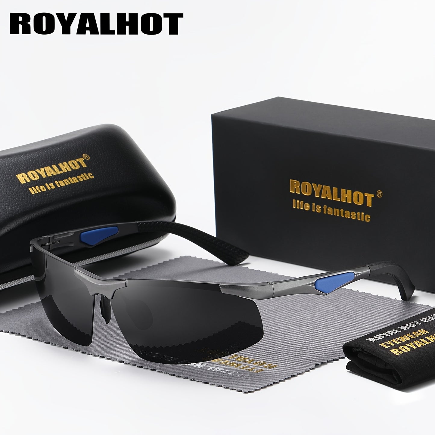 RoyalHot Men's Premium Aluminum Magnesium Polarized Fashion Glasses Driving Fashion Glasses with Golden Frame & Dark Tinted Lenses, Includes Case & Microfiber Cloth for Hiking Running Fishing, Outdoor Eyewear, Sleek Design, L