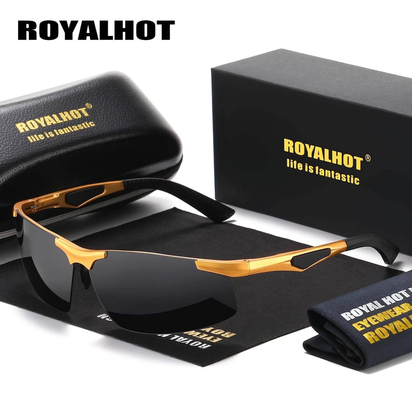 RoyalHot Men's Premium Aluminum Magnesium Polarized Fashion Glasses Driving Fashion Glasses with Golden Frame & Dark Tinted Lenses, Includes Case & Microfiber Cloth for Hiking Running Fishing, Outdoor Eyewear, Sleek Design, L