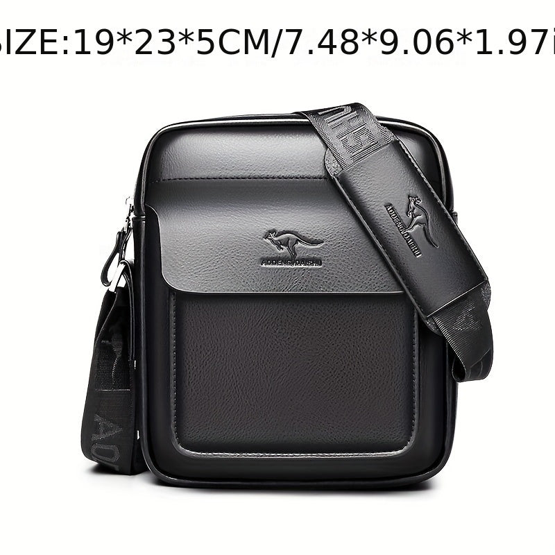 DOSHENG Men's Stylish Black Synthetic Leather Crossbody Bag - Adjustable Strap, Multi-Compartment Business Casual Satchel with Embossed Dinosaur Logo for Office Use, Versatile Crossbody Bag | Stylish Men's Accessory | Metalli