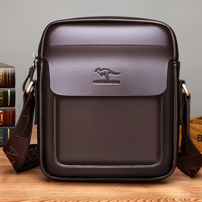 DOSHENG Men's Stylish Black Synthetic Leather Crossbody Bag - Adjustable Strap, Multi-Compartment Business Casual Satchel with Embossed Dinosaur Logo for Office Use, Versatile Crossbody Bag | Stylish Men's Accessory | Metalli