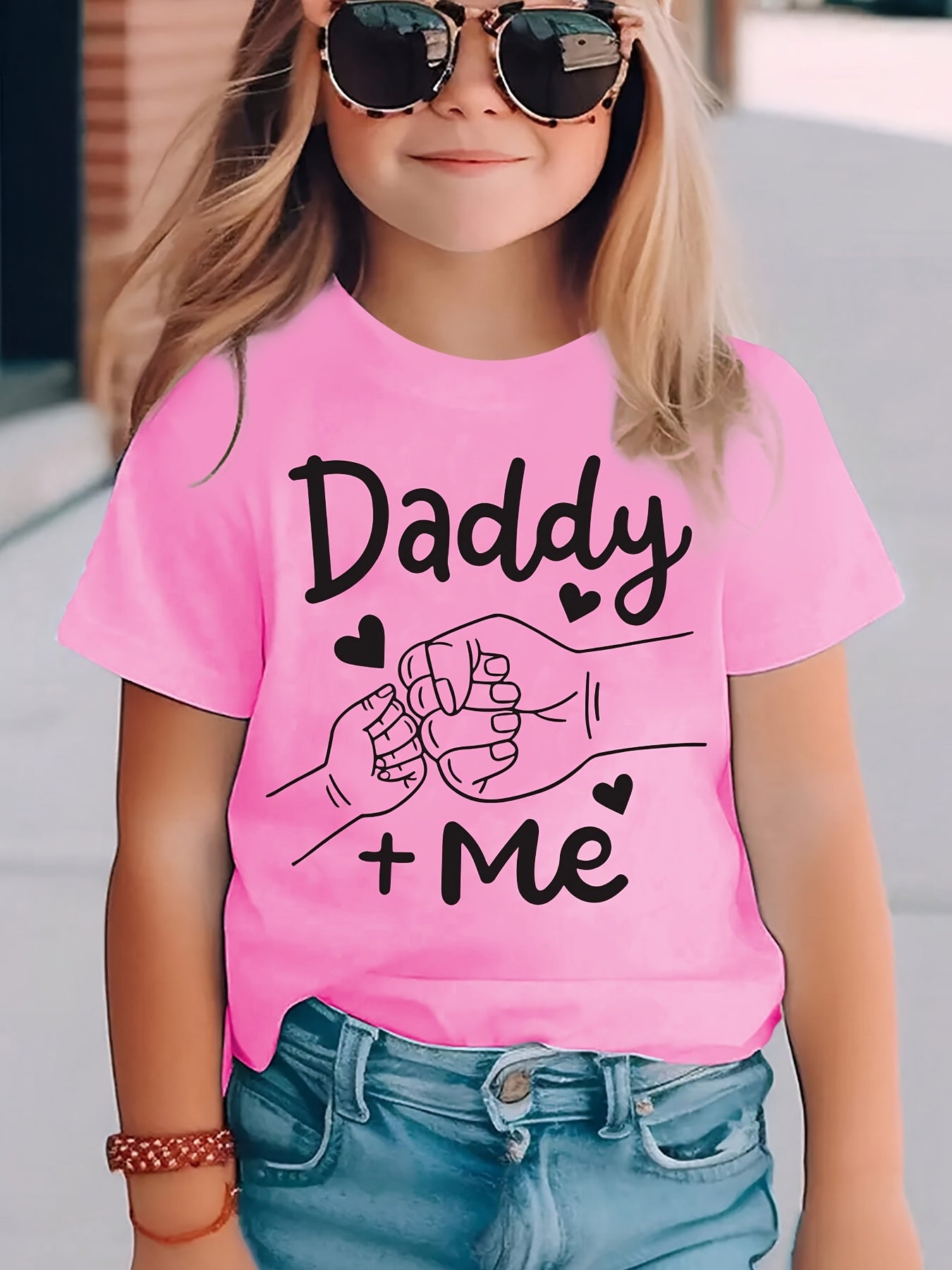 Summer Fashion Girls' Short Sleeve T-Shirt with "Big Fist Meets Little Fist" Daddy + Me Letter Print Casual Top NYDX4322