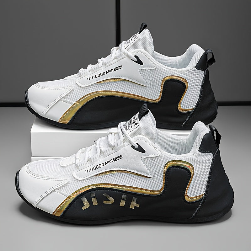 Zhenyuezu 's Low-Top Sneakers - White/Golden PU Upper, Beige/ Tread, Lace-Up Casual Shoes with Cushioned Insole & PVC Sole, Minimalist Beige & Golden Accent Design for Office, Semi-Formal Wear - Versatile s